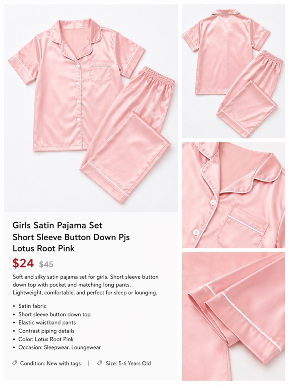 Girls Satin Pajama Set - Lotus Root Pink